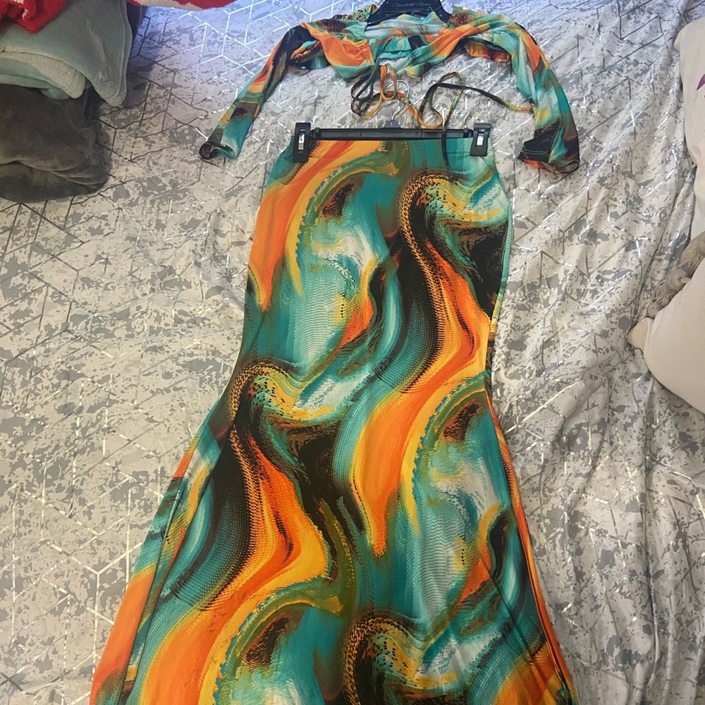 Off-the-Shoulder Colorful Crop Top & Long Skirt Matching Set